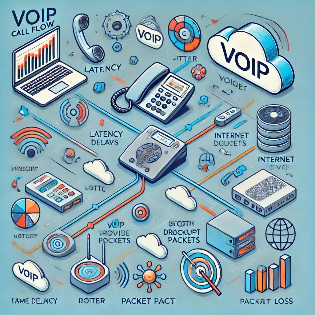 DALL·E 2025-02-04 16.39.34 - An illustration of VoIP call flow, showing how voice data travels from a user’s device through the internet and onto another device. The diagram inclu.webp
